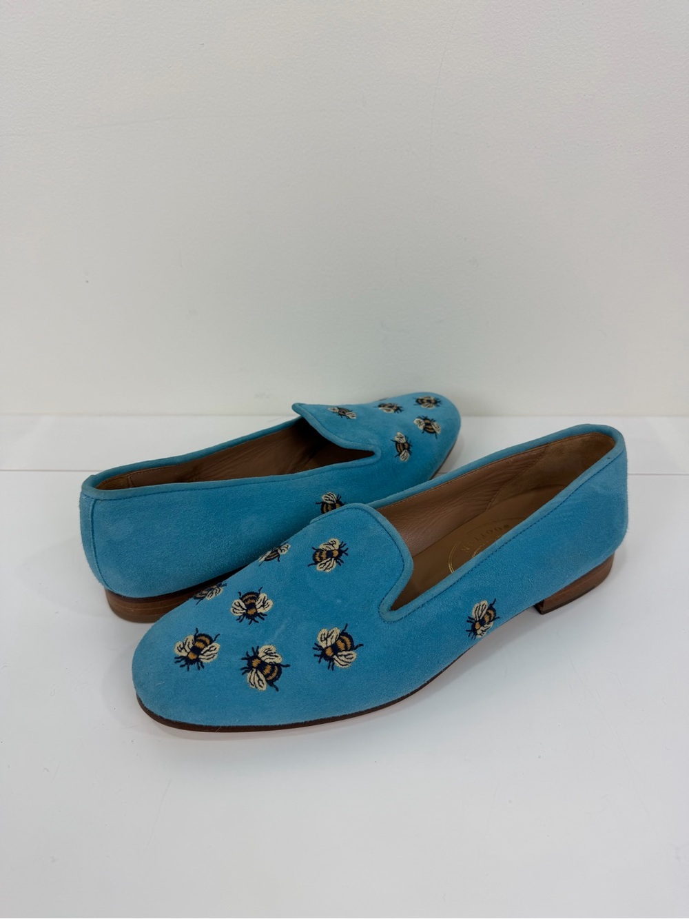 Stubbs & Wootton Rare Blue Bee Embroidered Suede Smoking Loafers 9.5